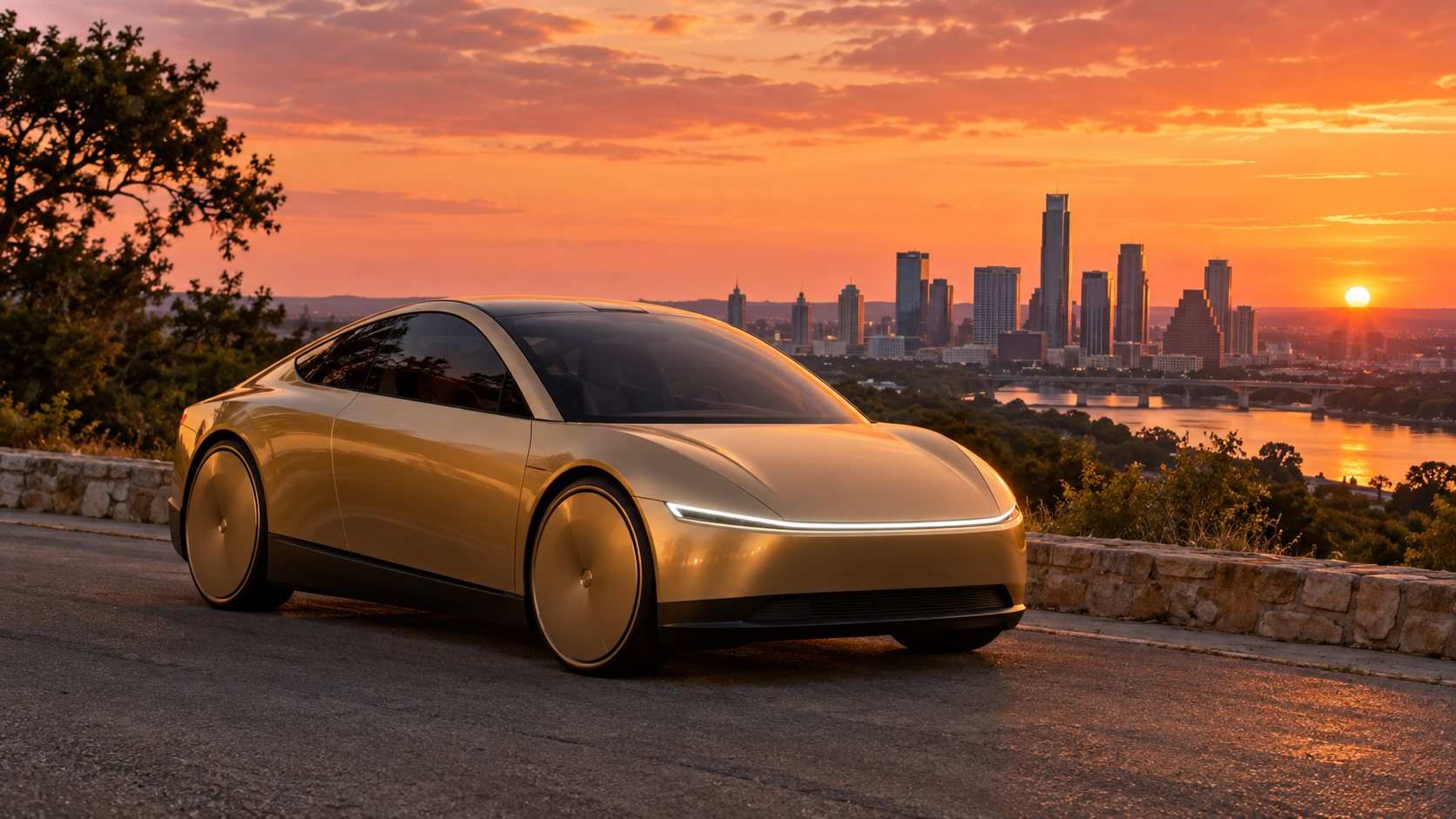 Gold robotaxi parked above the Austin skyline at sunset